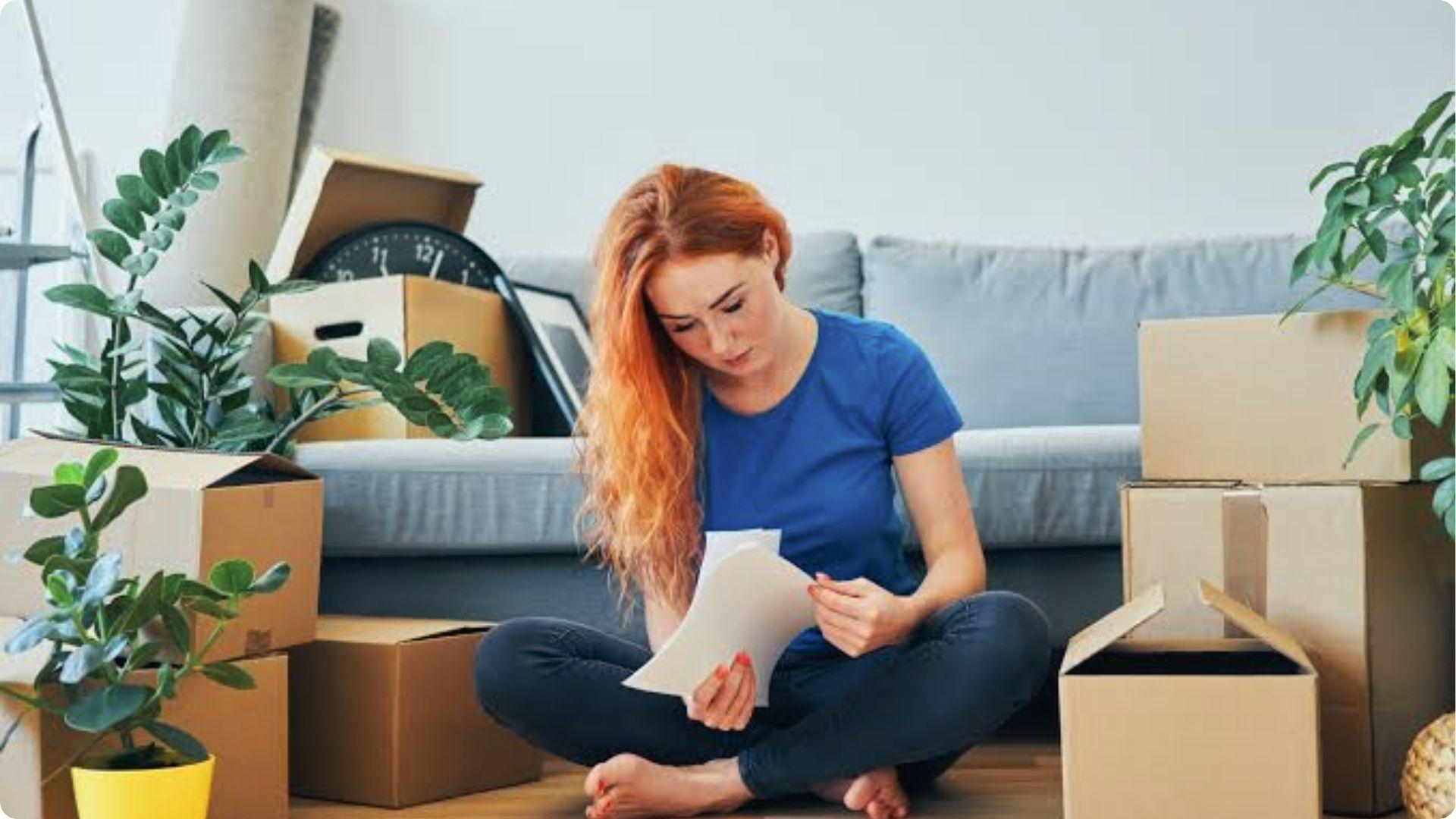 Woman among moving boxes reviewing tenancy papers worried about holdover eviction notice issue