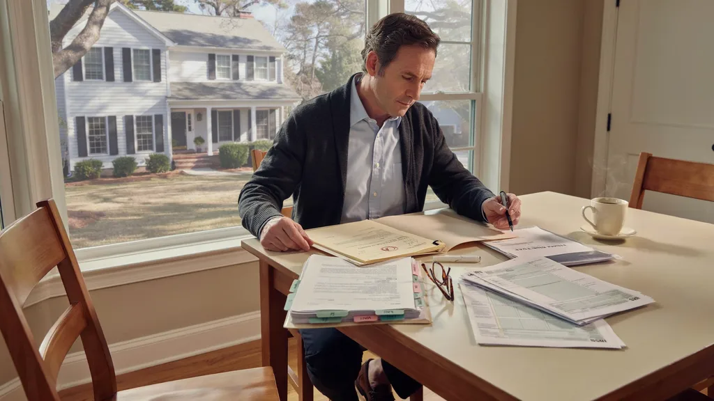 Parent reviewing property deed, tax documents, and estate planning paperwork before adding a child to a home deed.