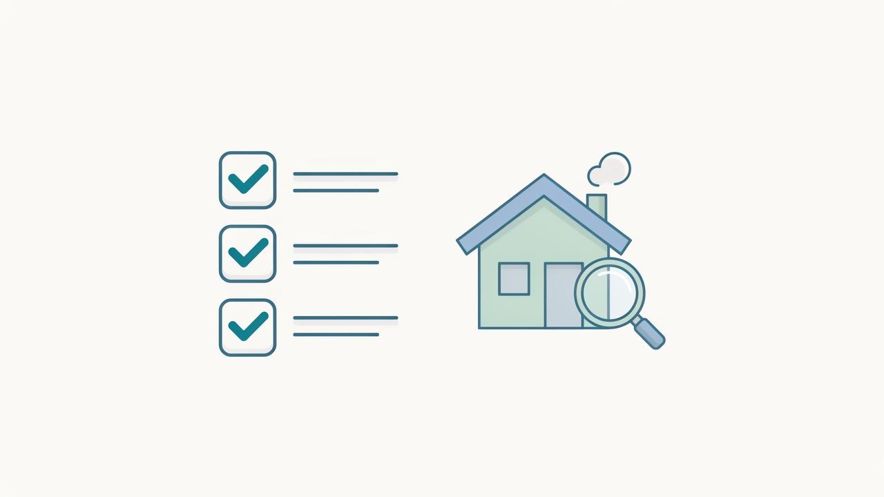 A checklist with three checked boxes sits beside a house and a magnifying glass.