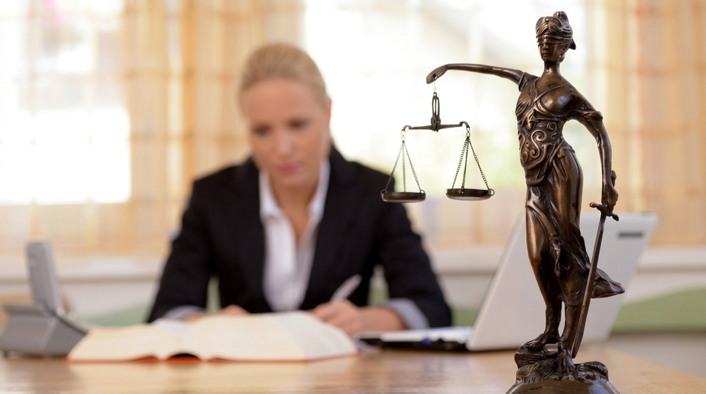Lady Justice statue on desk with a lawyer reading a legal book and writing behind it.