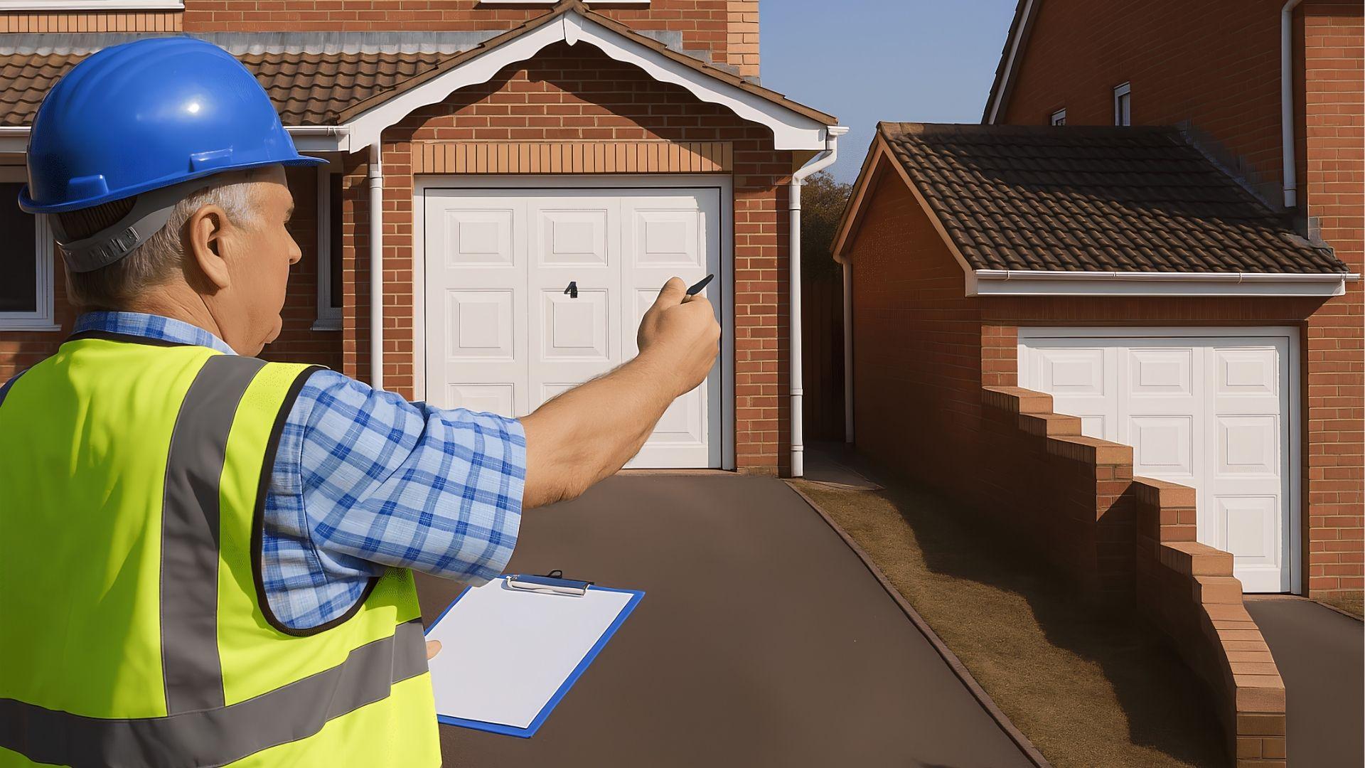 Property surveyor assessing residential home boundaries with clipboard.