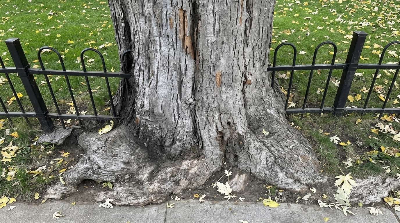Wide tree trunk and roots grow around a black metal fence beside a sidewalk.