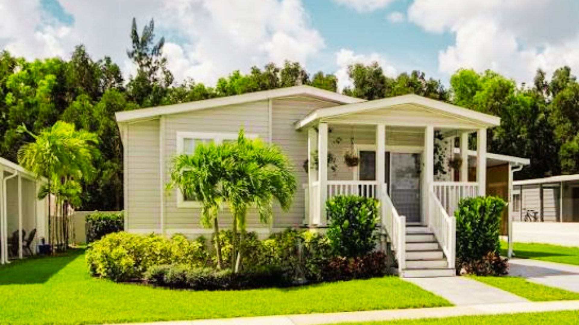 A mobile home with a front porch and yard, illustrating eligibility for reverse mortgages on manufactured homes.
