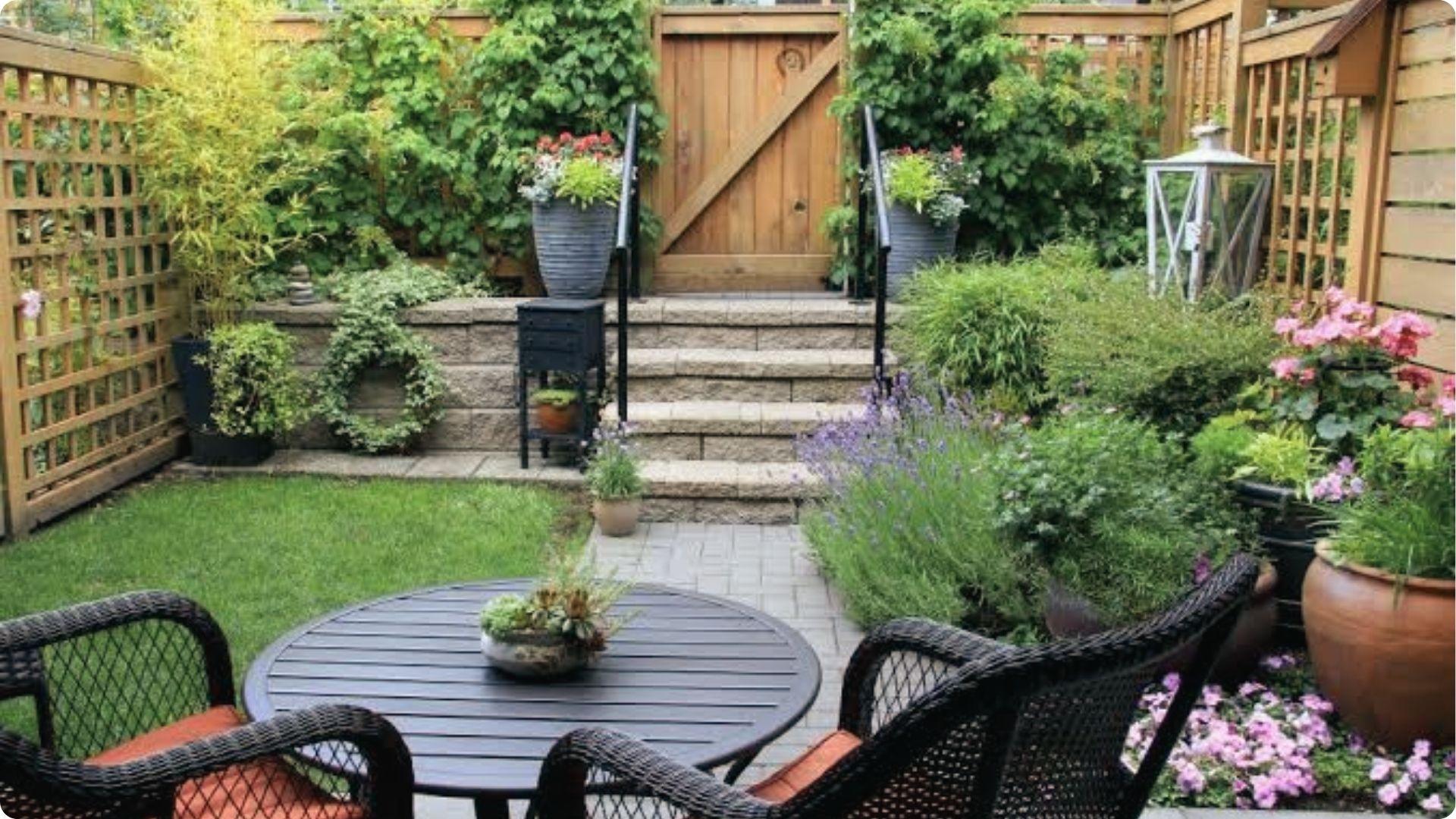 Manicured backyard patio garden illustrates landscaped rental area where upkeep must be defined.