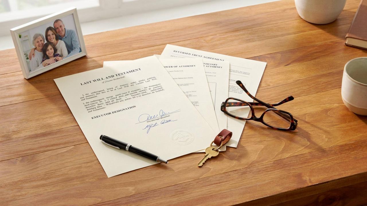Signed last will and testament with pen, estate planning documents, and family photo representing inheritance planning.