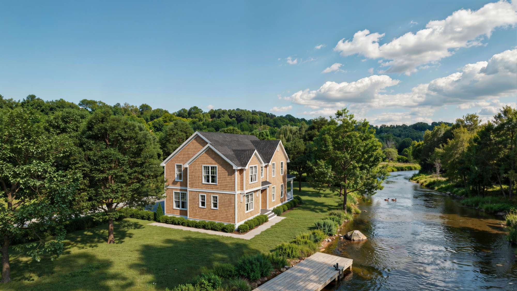 Residential property beside a river with open skies showing different property rights naturally.
