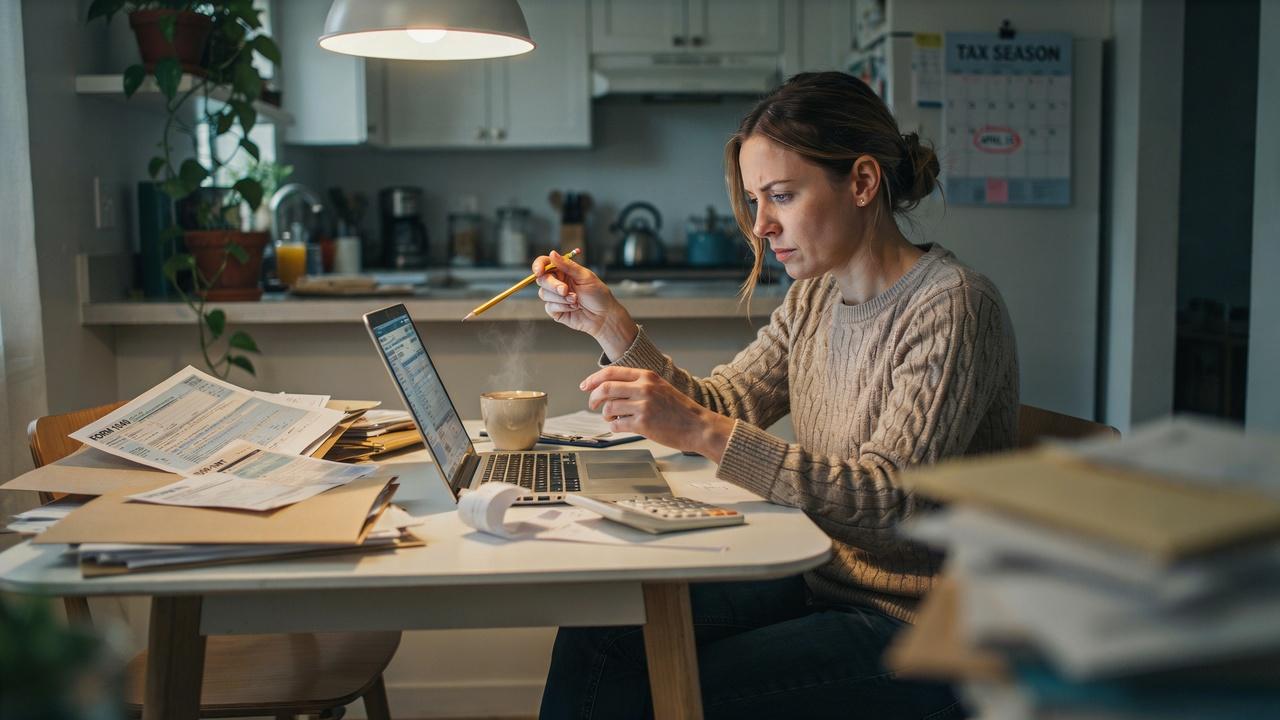 Woman calculates taxes at kitchen table with laptop, forms, and calculator.