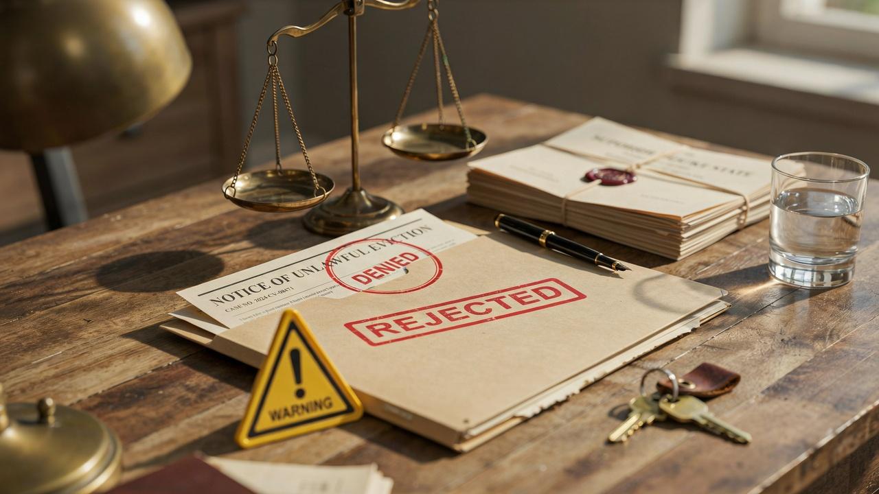 Legal warning documents, rejected eviction papers, justice scale, and property records.