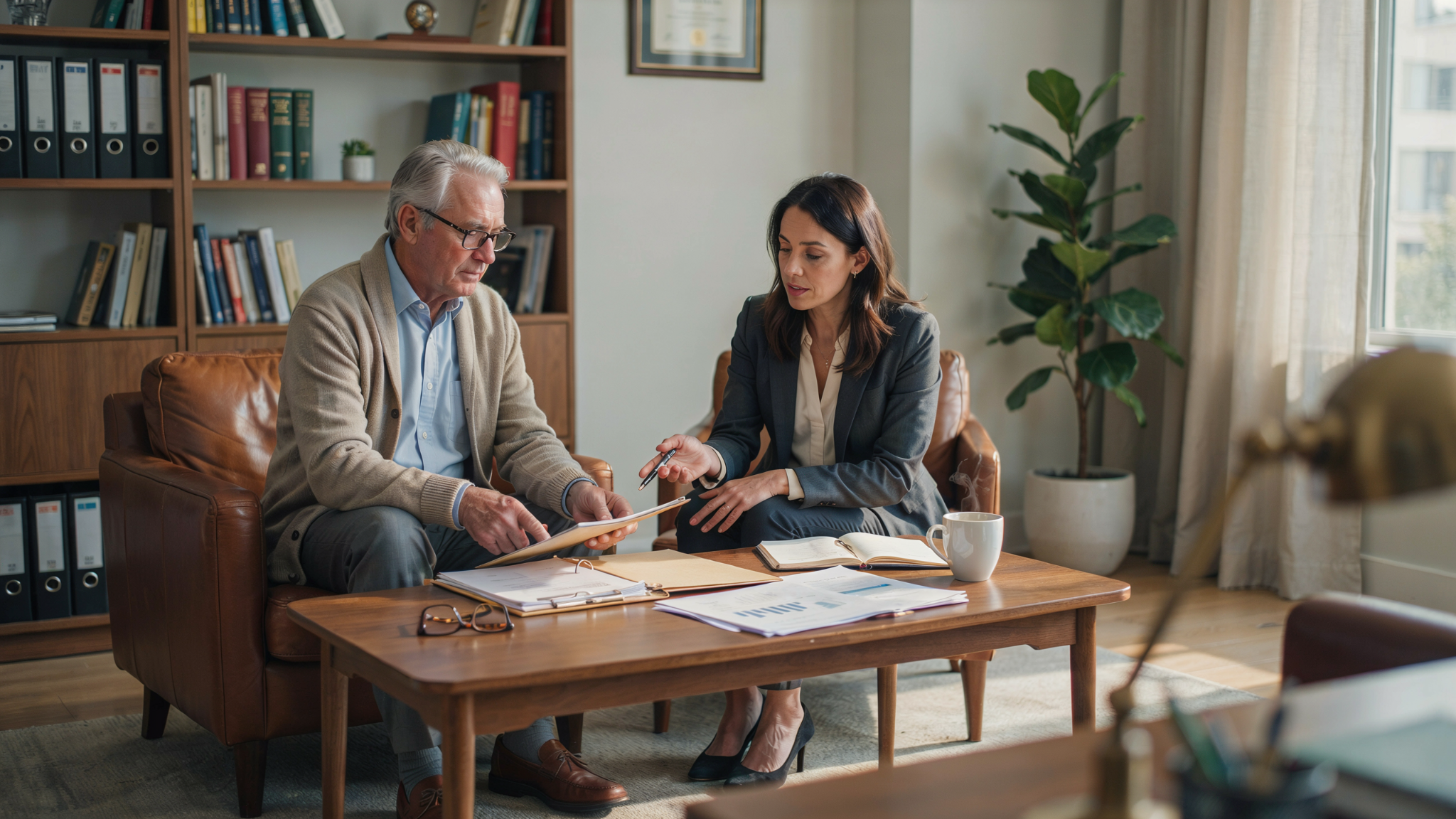 Elderly homeowner discussing Medicaid planning with an estate planning advisor.