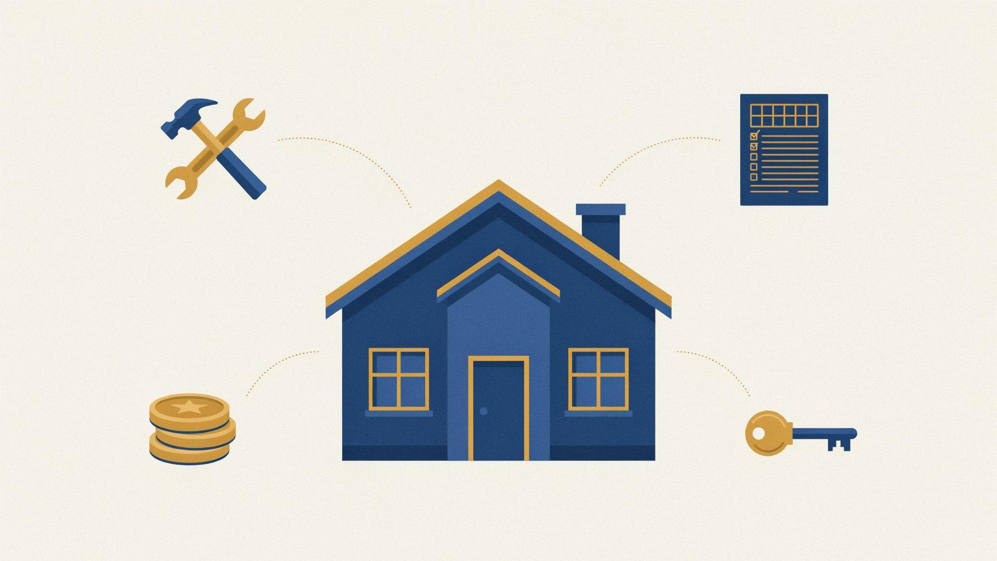 A house is surrounded by small icons of a hammer, a tax form, coins and a key indicating the hidden hurdles behind the winning bid.