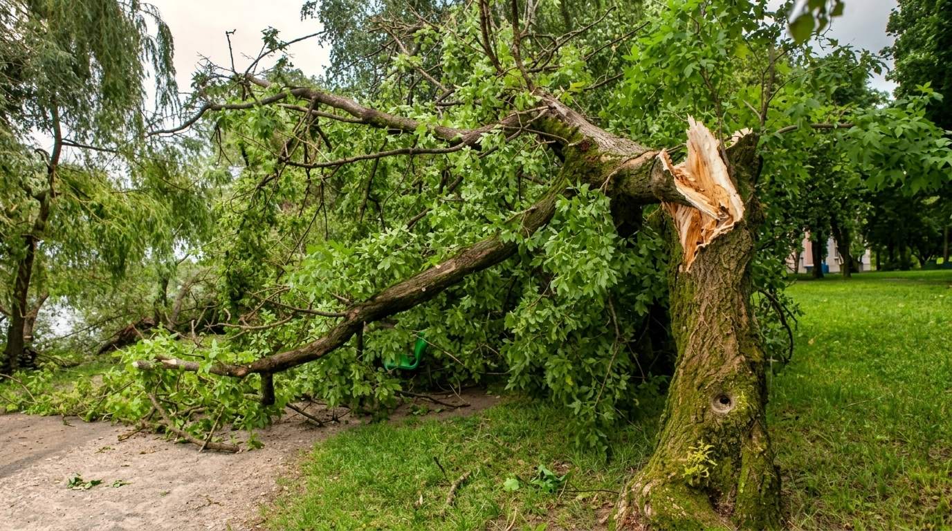 Storm-snapped tree trunk split and fell across a grassy park path.