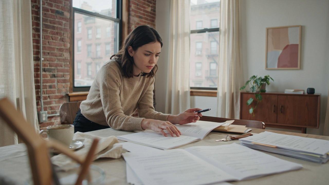 Tenant reviewing lease documents and rental agreements in a modern apartment setting.