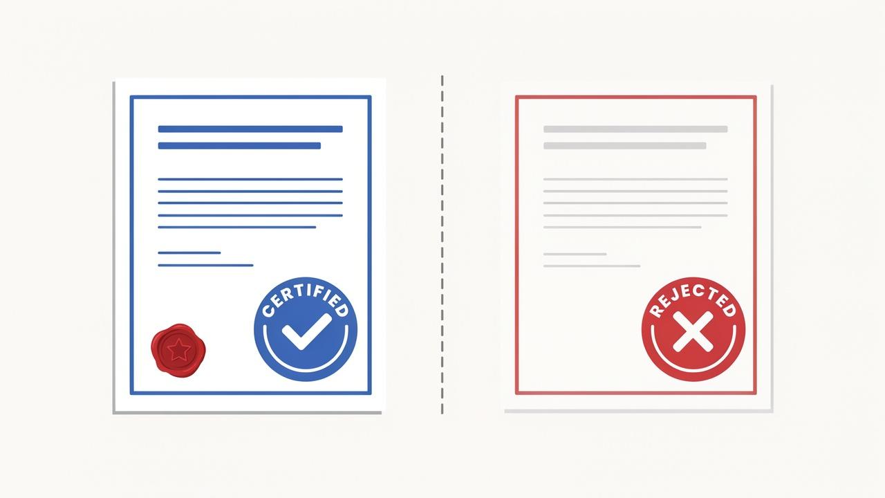Two documents sit side by side, one marked as certified and the other marked as rejected.