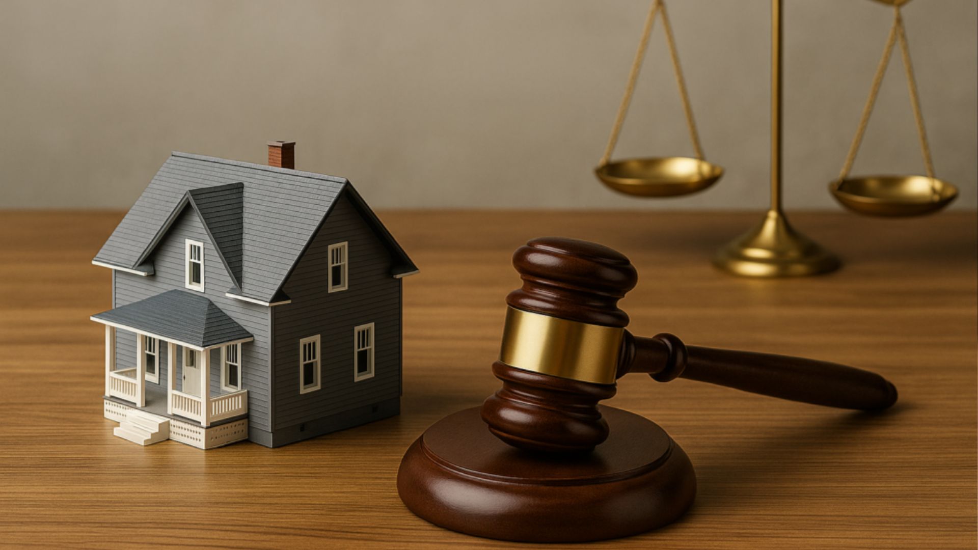 Small gray model house next to wooden judge gavel and gold justice scales on wooden table, real estate law concept.