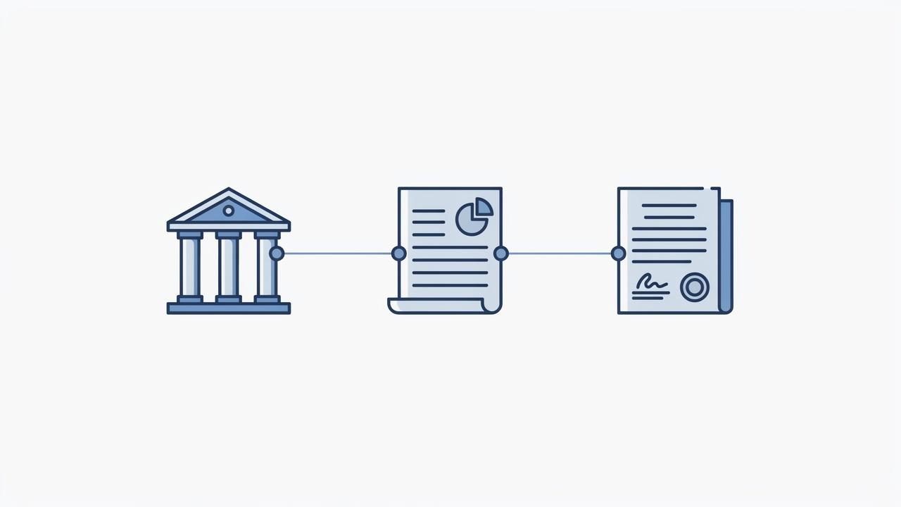 A bank, a tax paper, and a contract are linked by thin connecting lines.