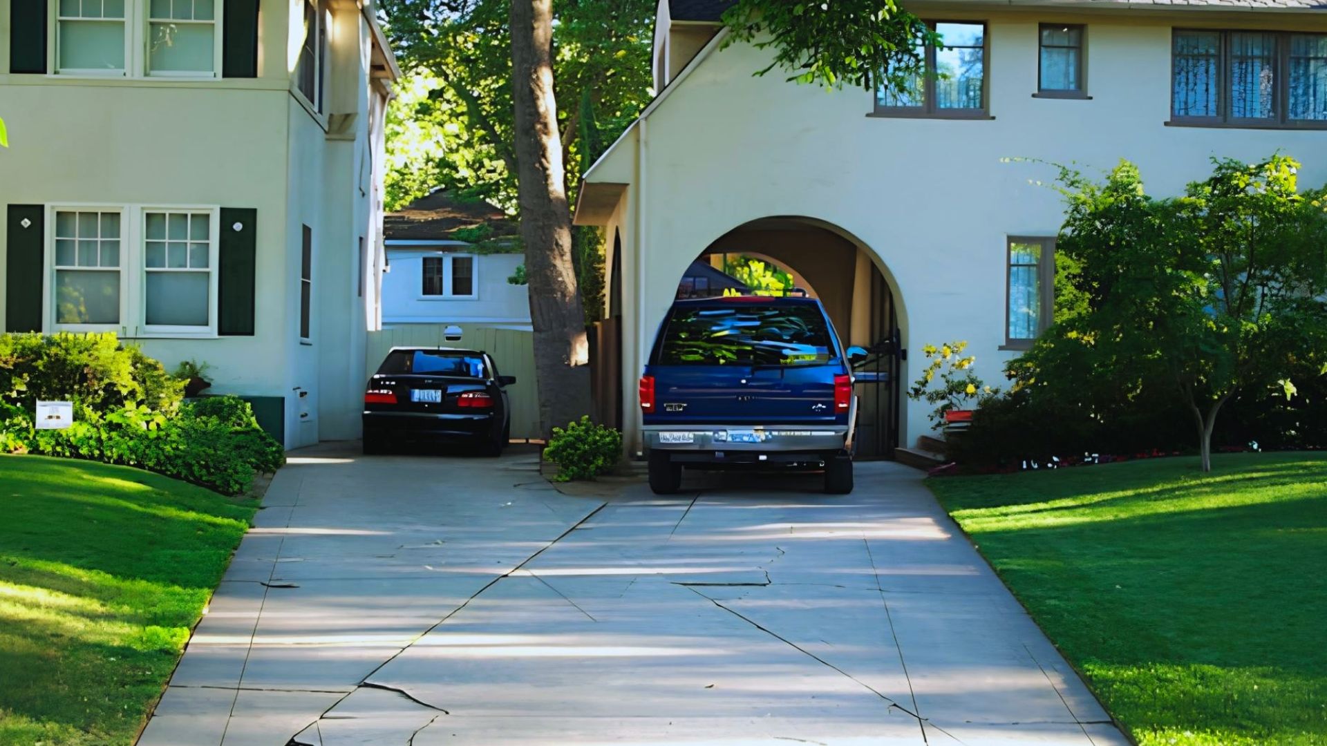 Shared driveway easement between two suburban homes with parked vehicles and arched garage access for property boundary