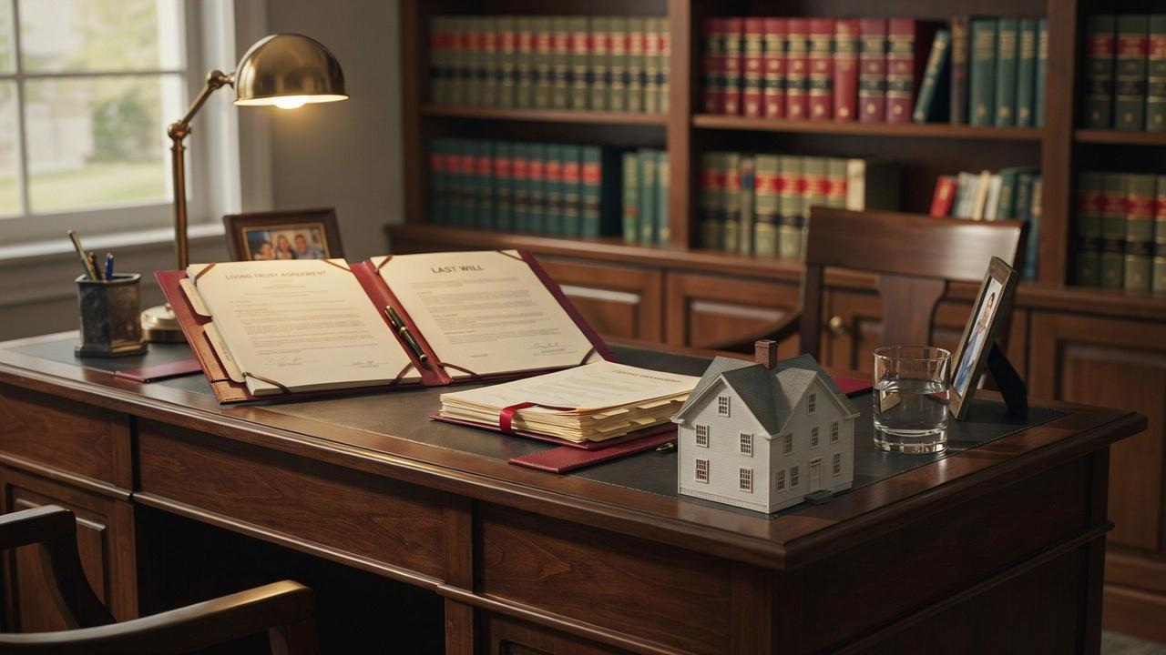Trust and will documents displayed with estate planning paperwork on a professional office desk.