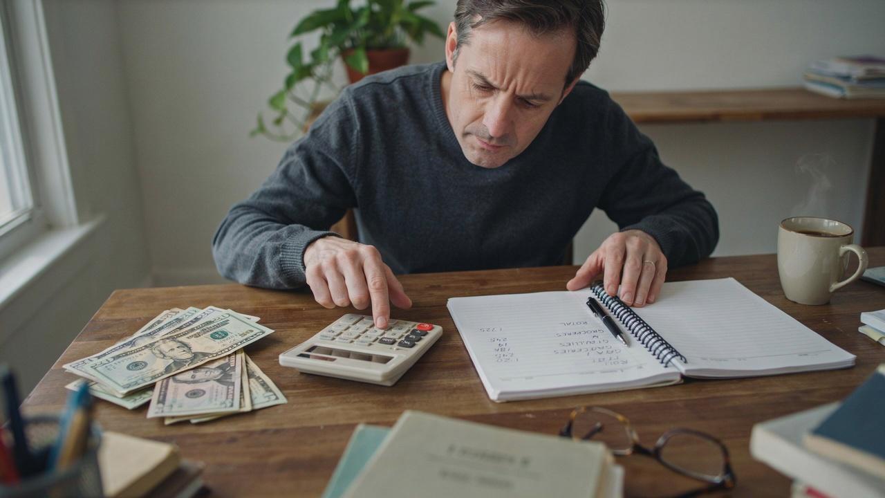 Man uses a calculator to calculate the cost of something, cash notes spread on the desk.