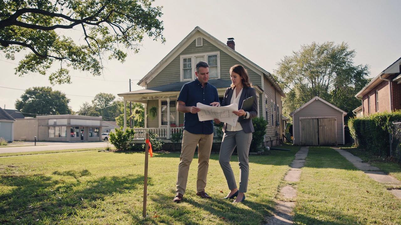 Property owner reviewing site plans beside an older property with existing structures.