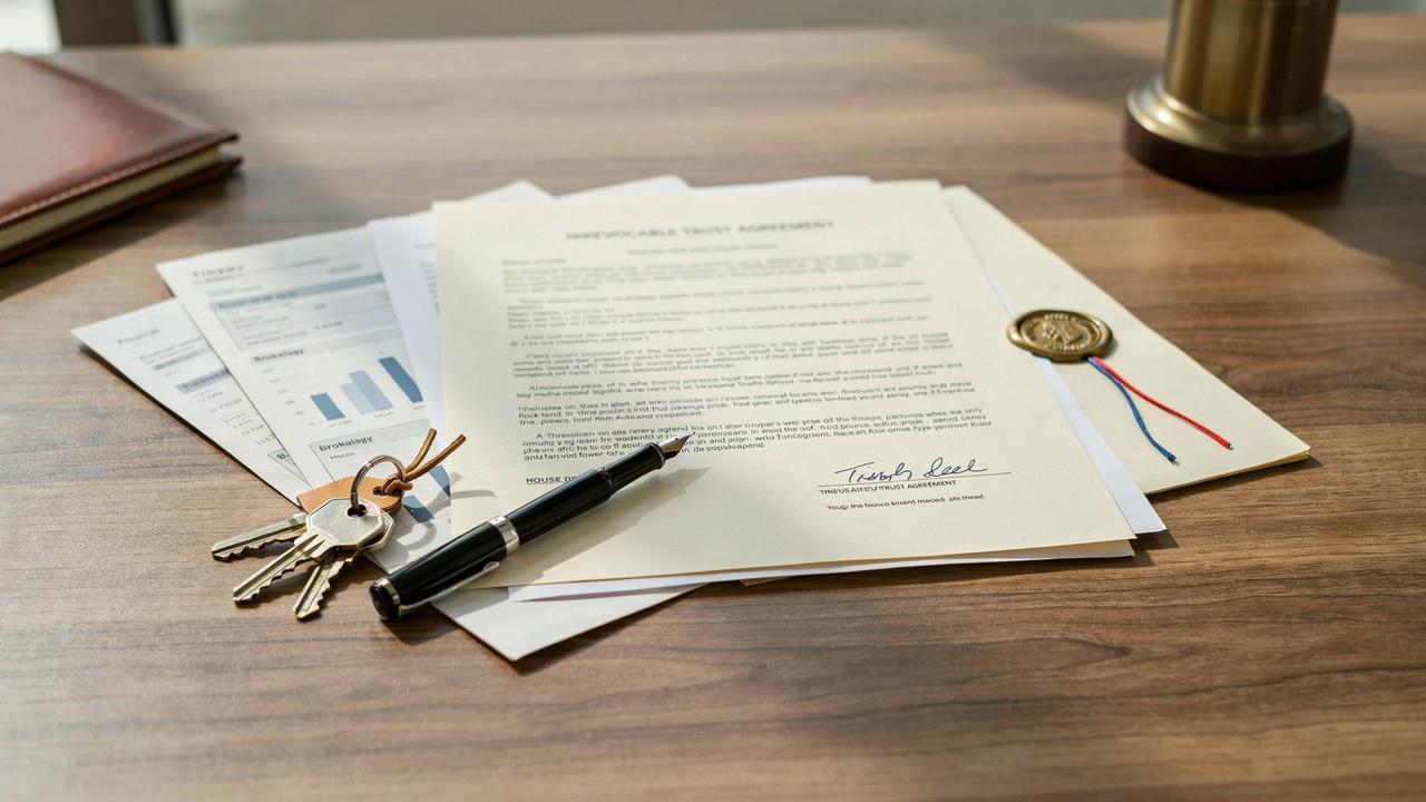 Signed irrevocable trust documents with house deeds and financial records on desk.