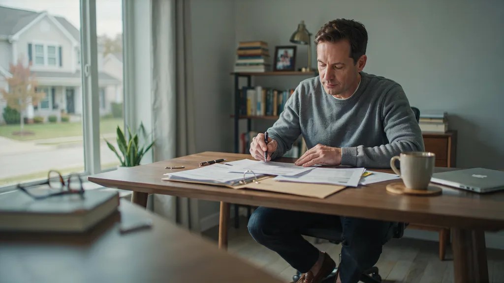Homeowner reviewing mortgage and HELOC documents before selling