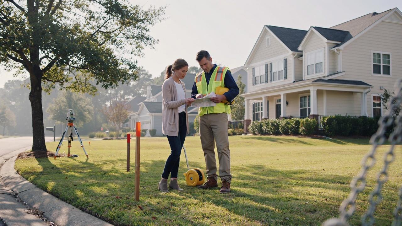 Homeowner and land surveyor reviewing property boundaries and zoning documents.