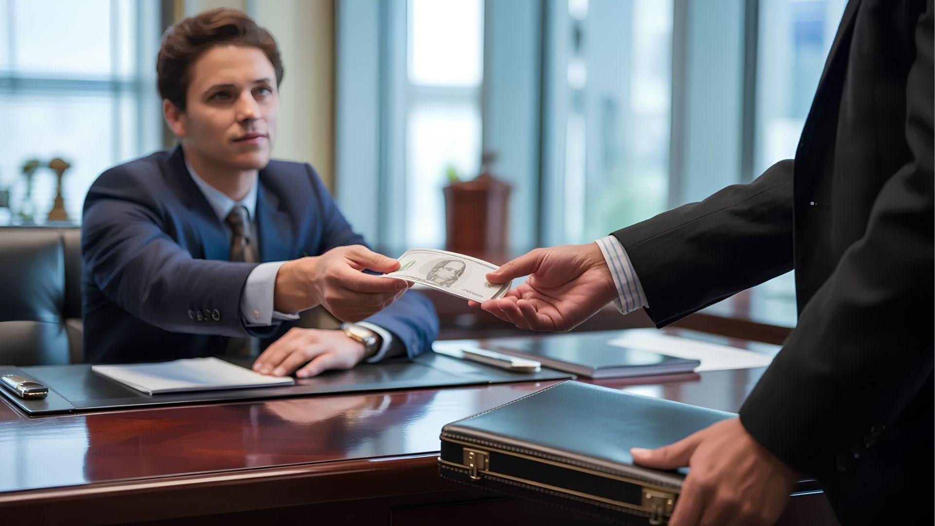 Businessman handing cash across a desk in an office, suggesting a bribe