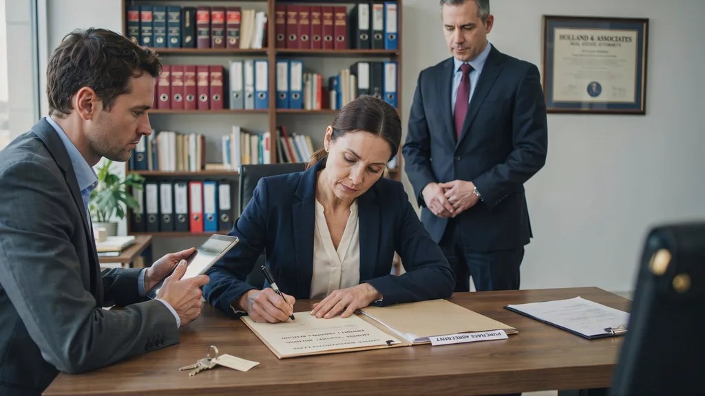 Seller signing a special warranty deed during a real estate closing.