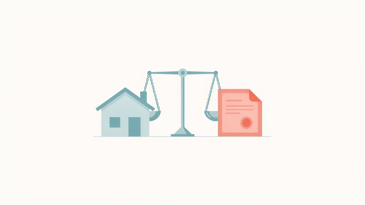 A house icon indicating tax deed and a certificate icon reflecting tax lien sit on either side of a small scale.