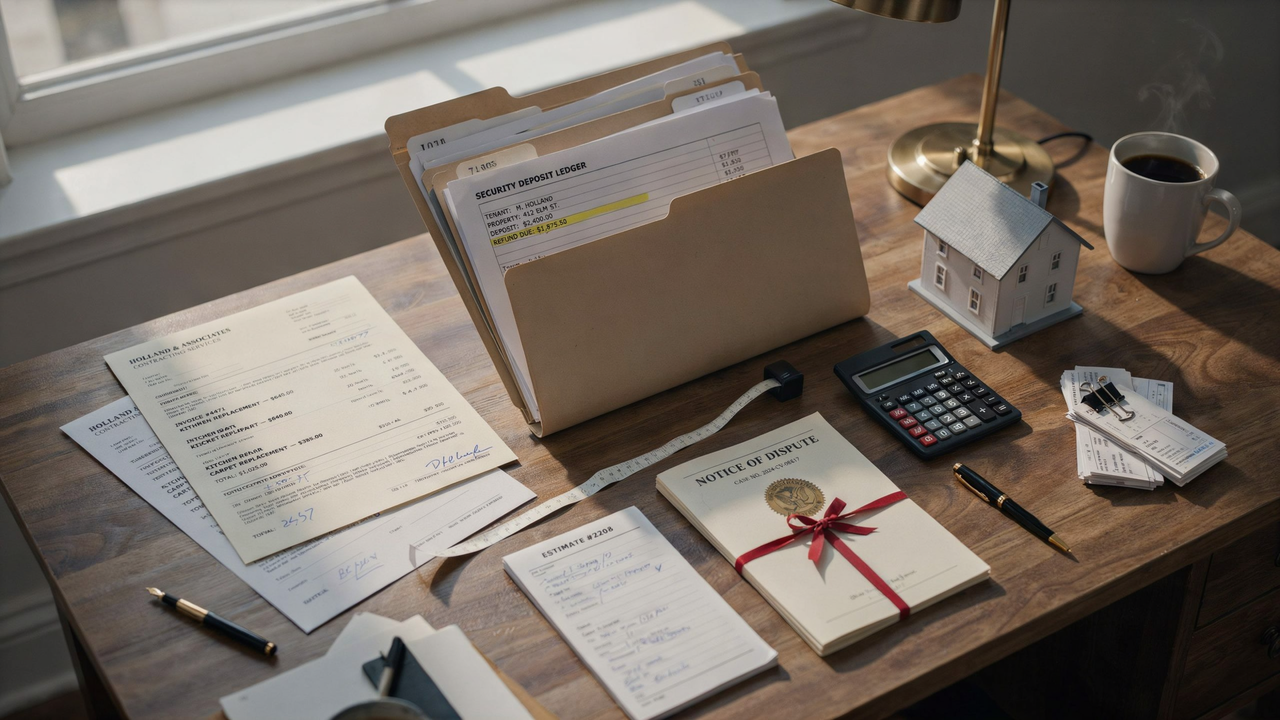 Security deposit records, repair invoices, receipts, calculator, and legal property documents.
