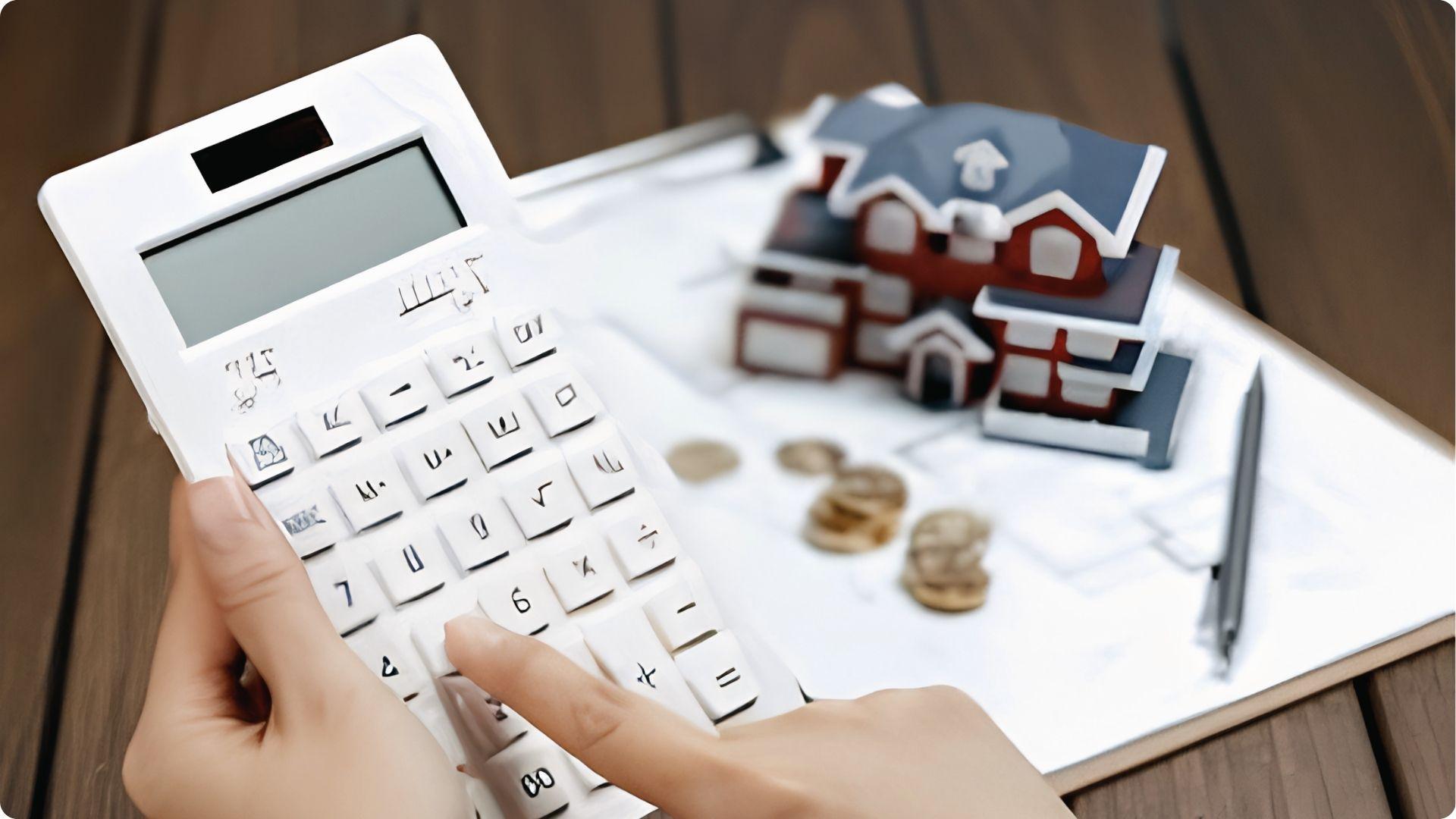 Hands holding calculator near house model and coins assessing exempt property under eminent domain