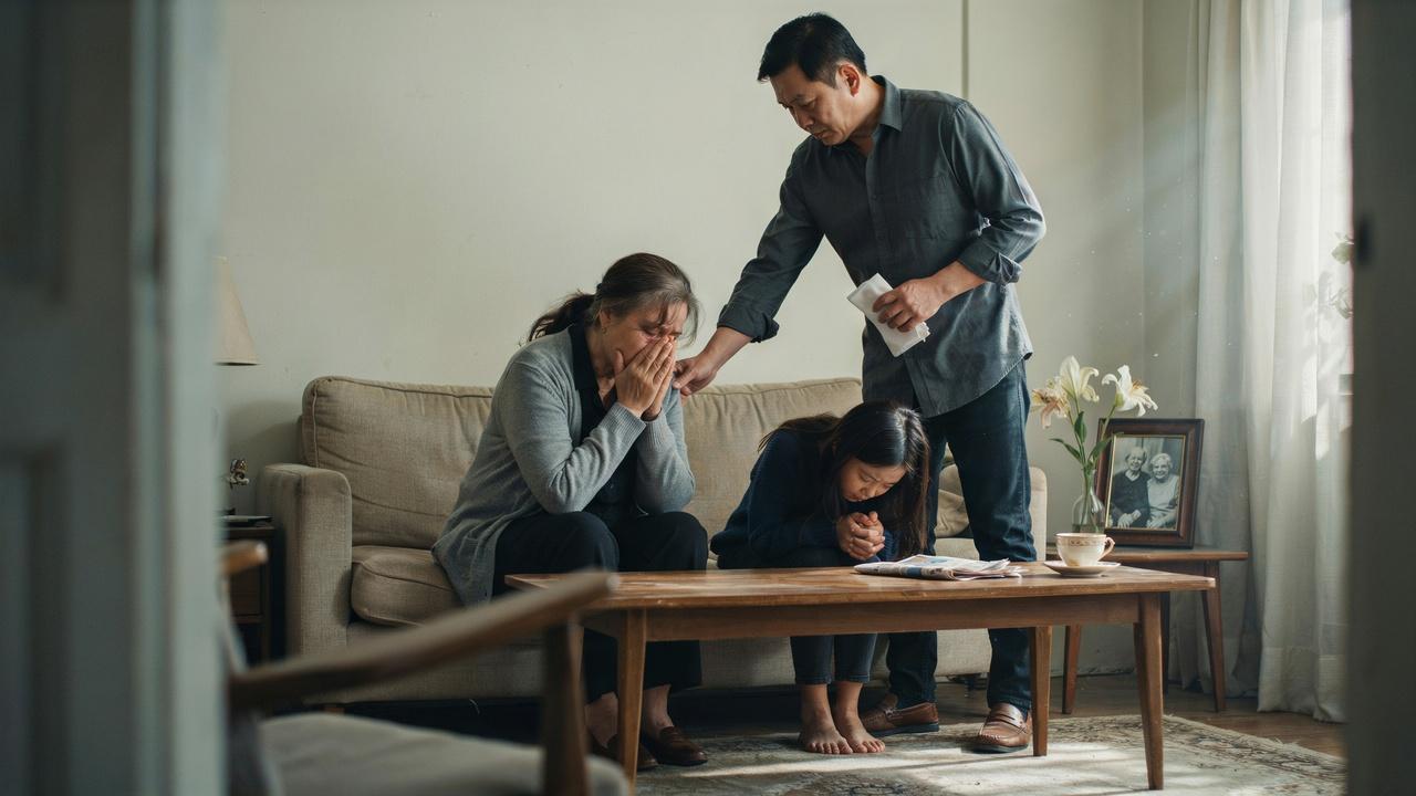Man comforts crying woman and girl on couch, holding tissues nearby.