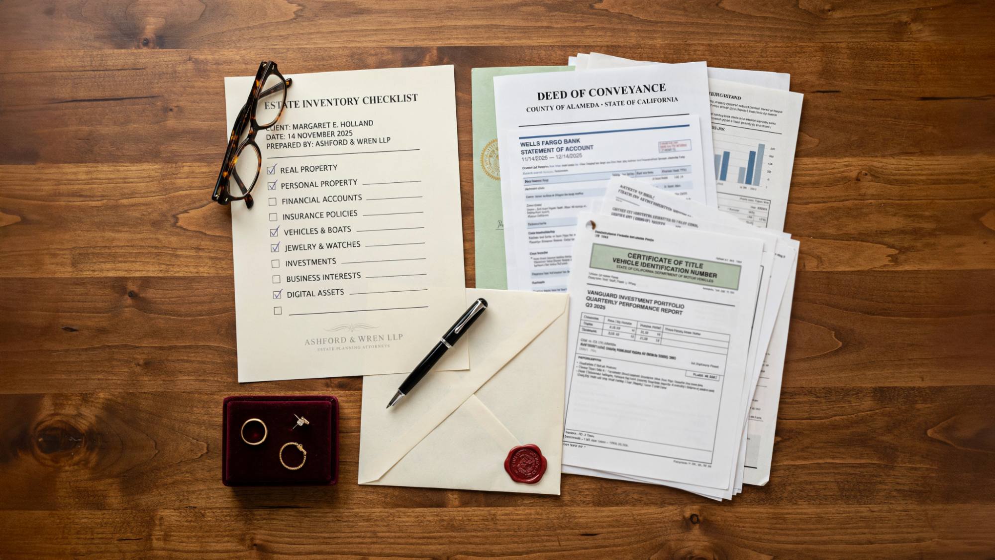Estate inventory listing assets, documents, and financial records.