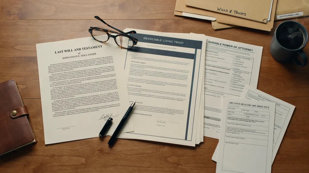Estate planning documents including a will, trust, power of attorney, and healthcare directive.