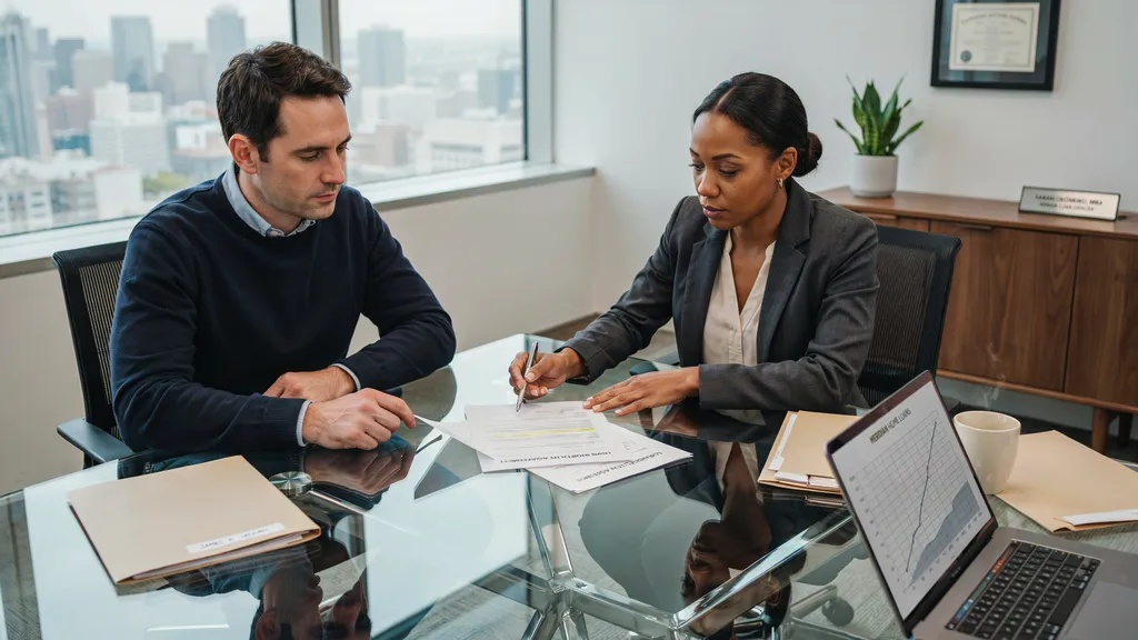 Homeowner discussing mortgage refinancing with a lender.