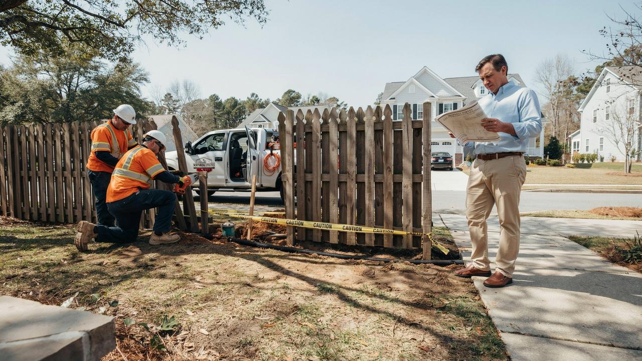 Utility workers accessing blocked easement beside a residential property fence.