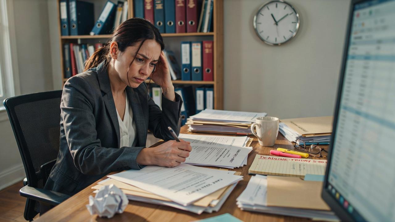 A stressed person sitting at a desk covered in legal papers with a clock on the wall behind them.