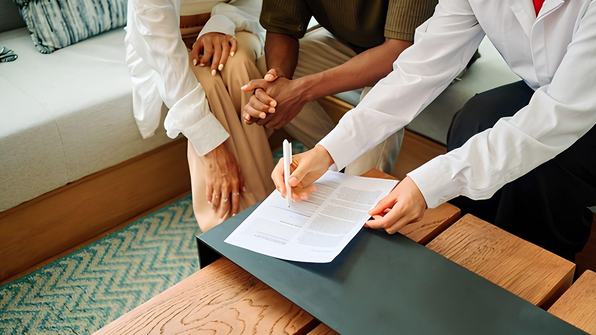 Real estate agent pointing at document on table while couple holds hands on couch in living room.