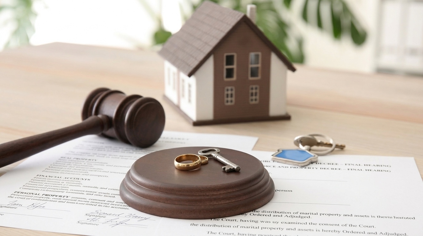 Gavel, wedding rings, keys, and model house rest on a divorce property settlement document.