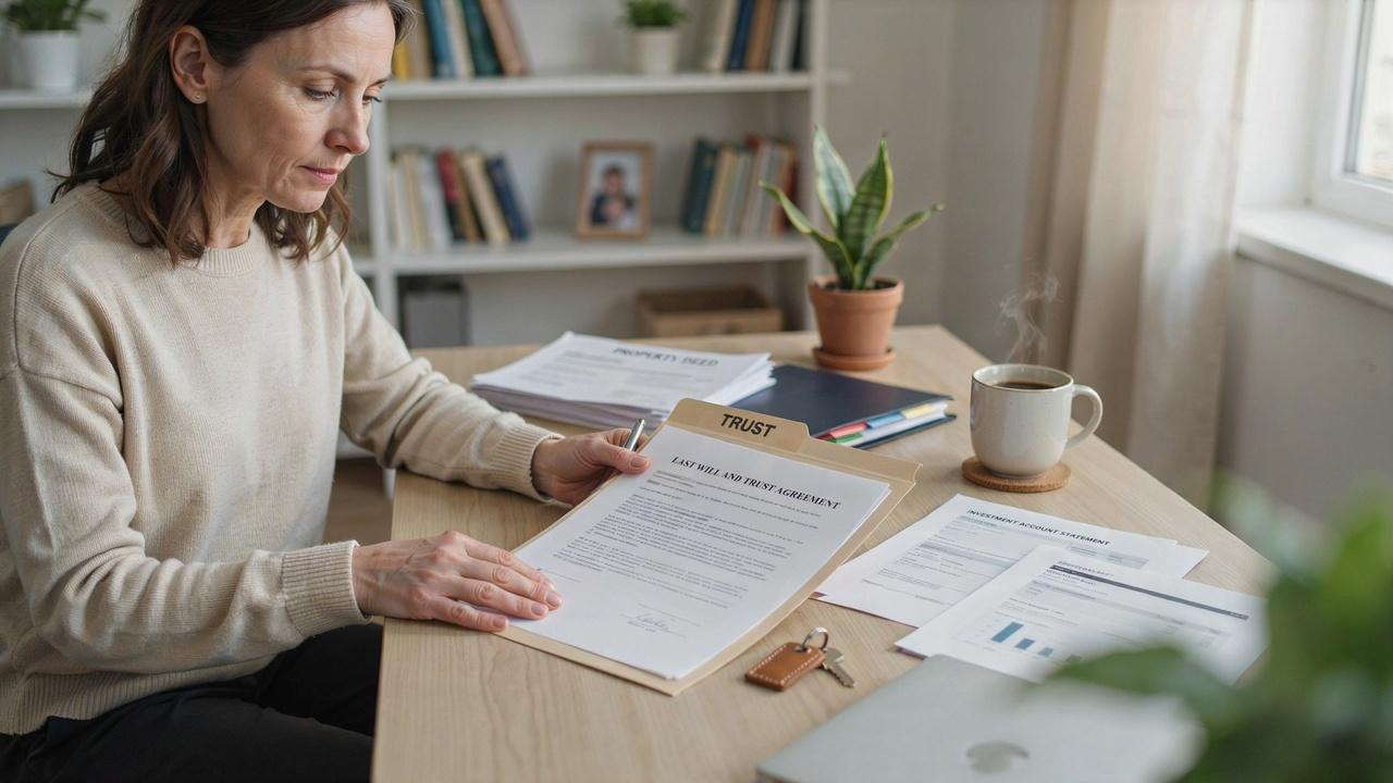 Living trust documents with house key, financial papers, and estate planning folder showing asset protection planning.