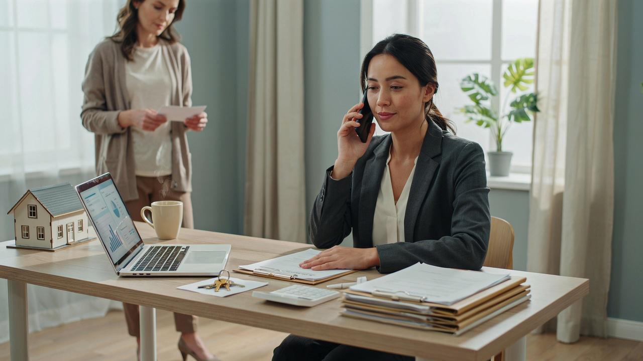 Property manager organizing lease documents, tracking rent, and communicating with tenants.
