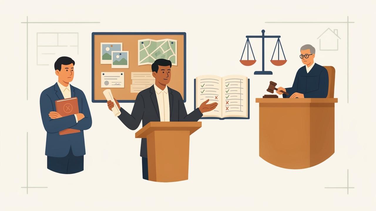Illustration of a courtroom trial with a lawyer speaking, evidence board, and judge holding a gavel.