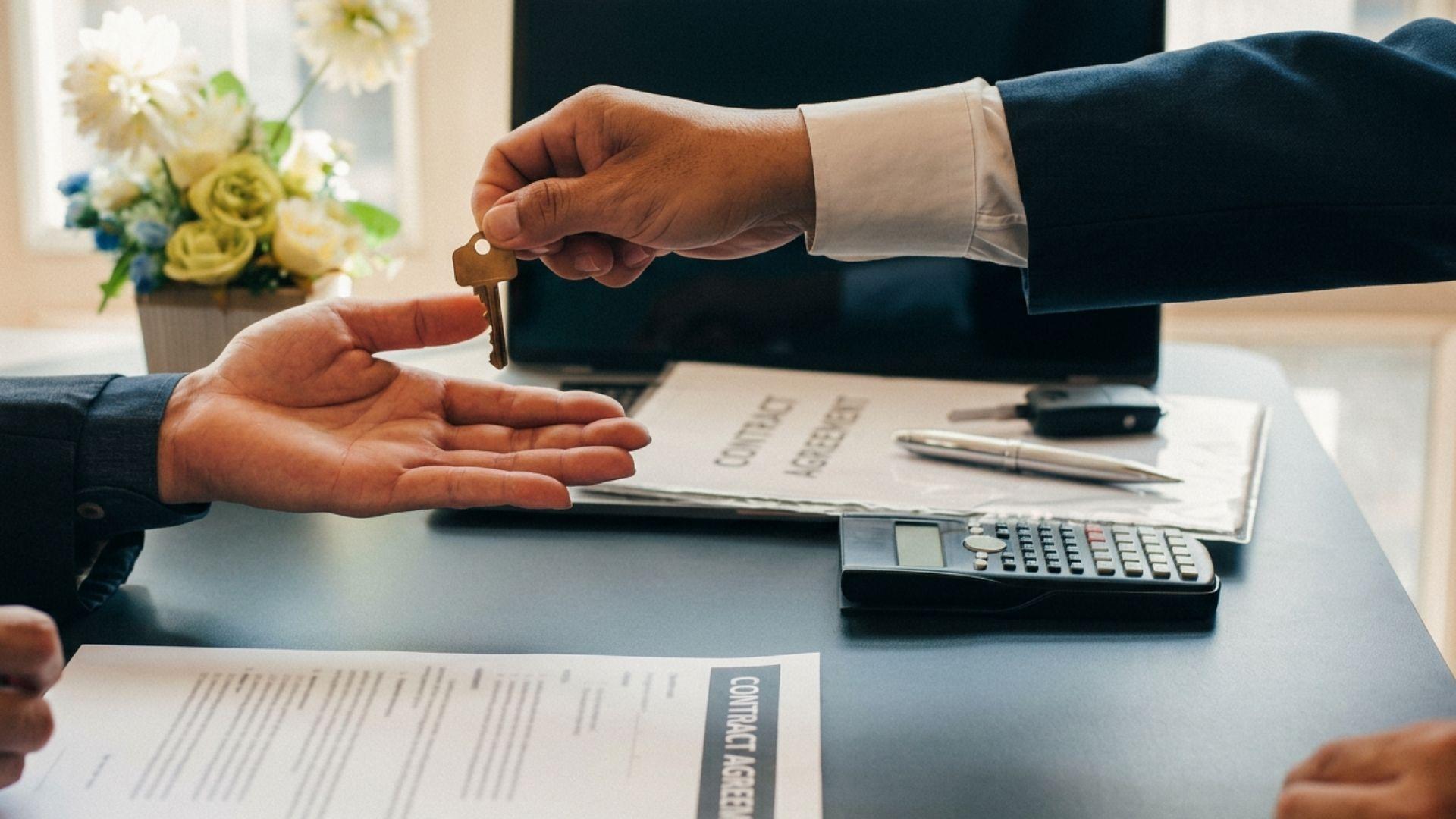 Real estate agent handing house key to client over contract agreement and calculator on desk