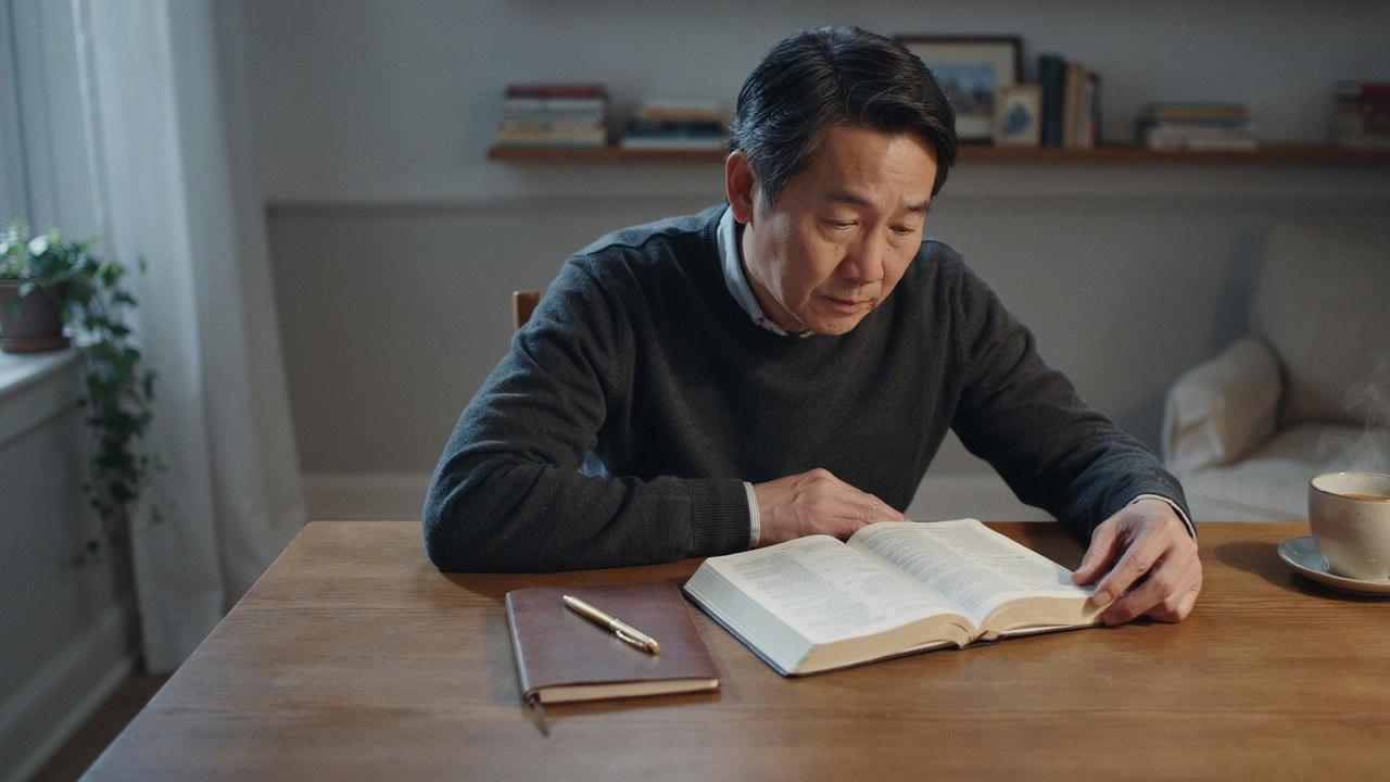 Christian reading an open Bible while reflecting on faith and civic responsibility.