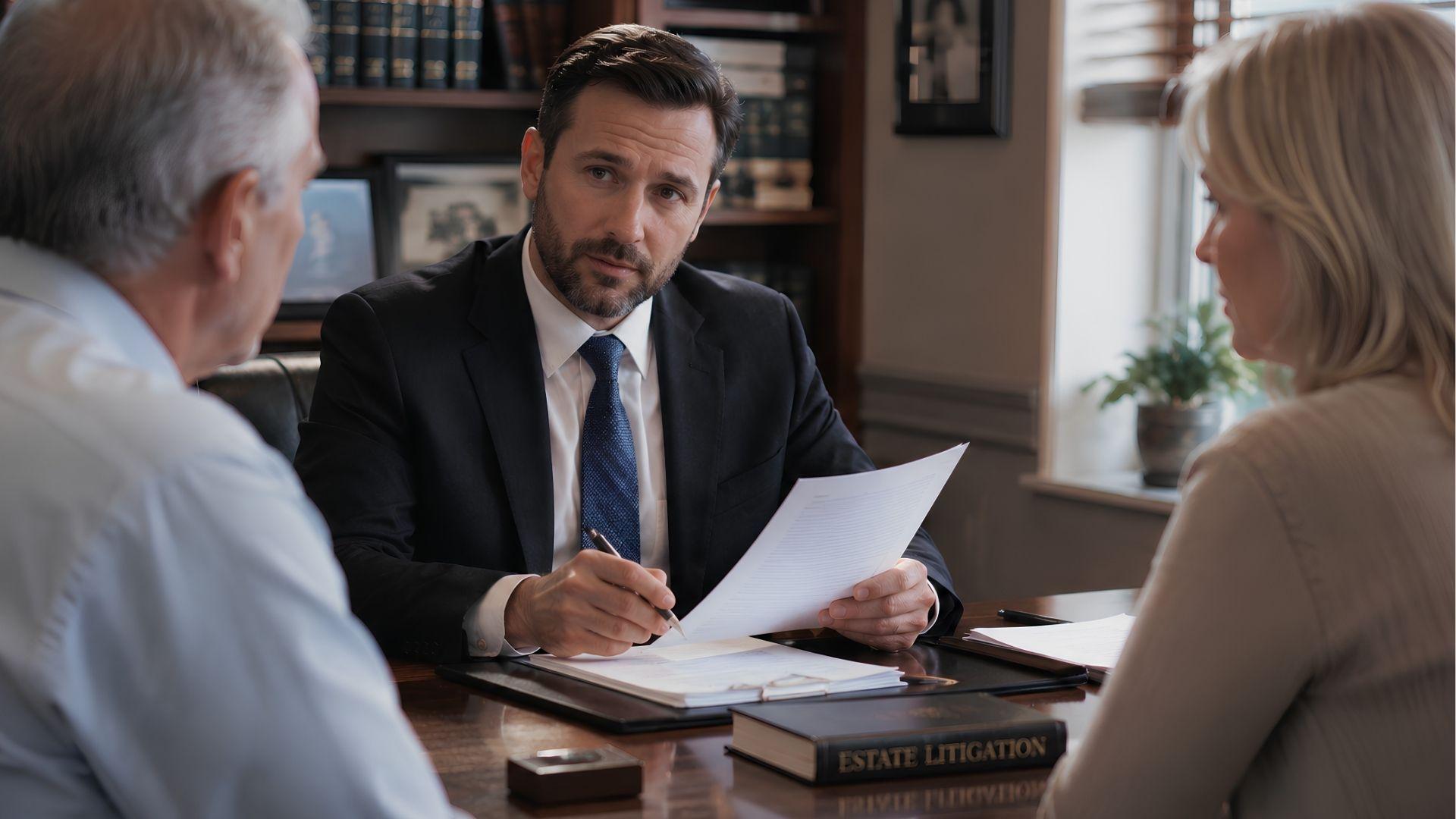Lawyer reviewing documents with a couple beside an Estate Litigation book
