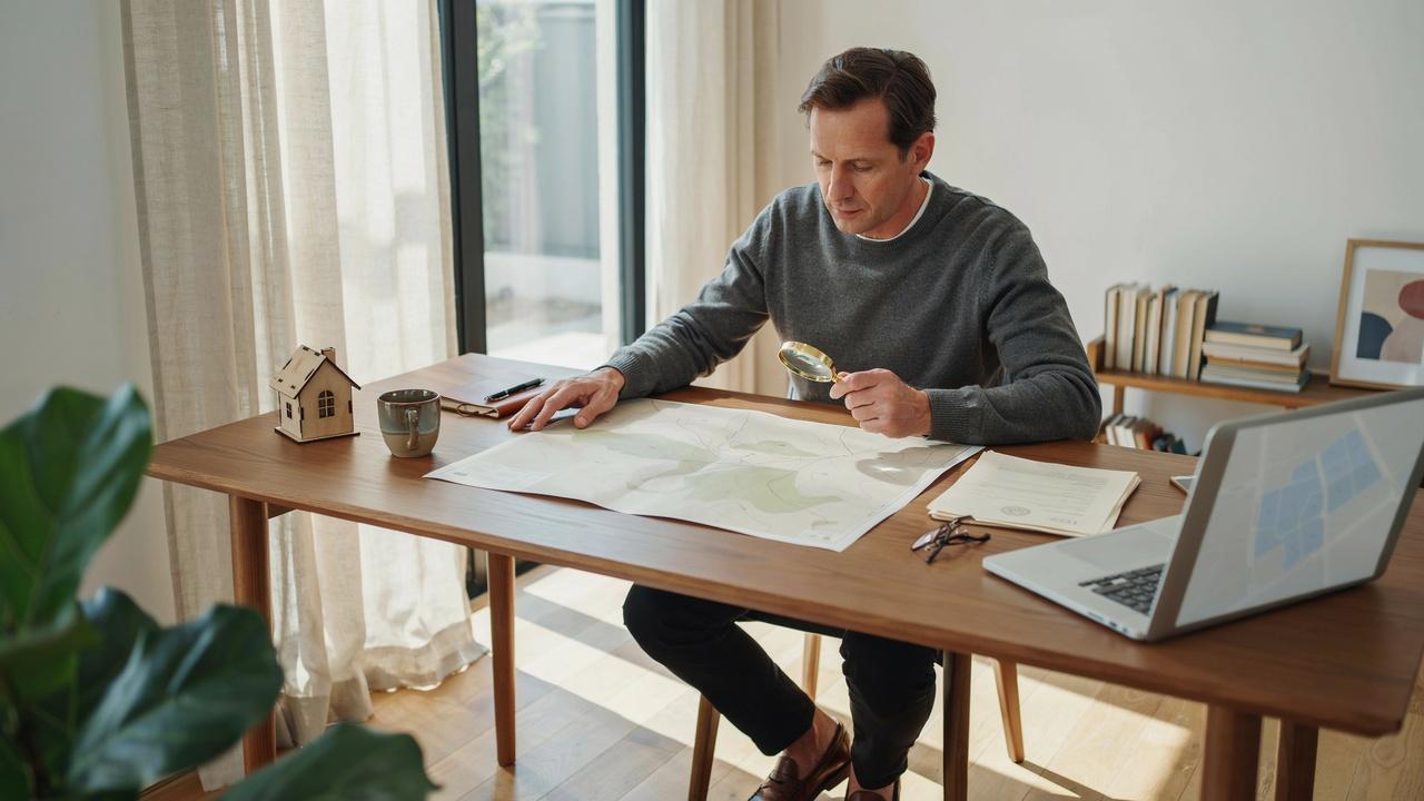 Homeowner reviewing property records and survey maps to locate utility easements on a property.
