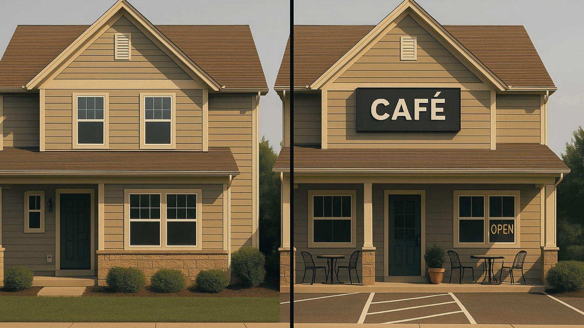 Split view: left beige house as residence, right same building as café with CAFÉ sign, OPEN sign, and patio tables.