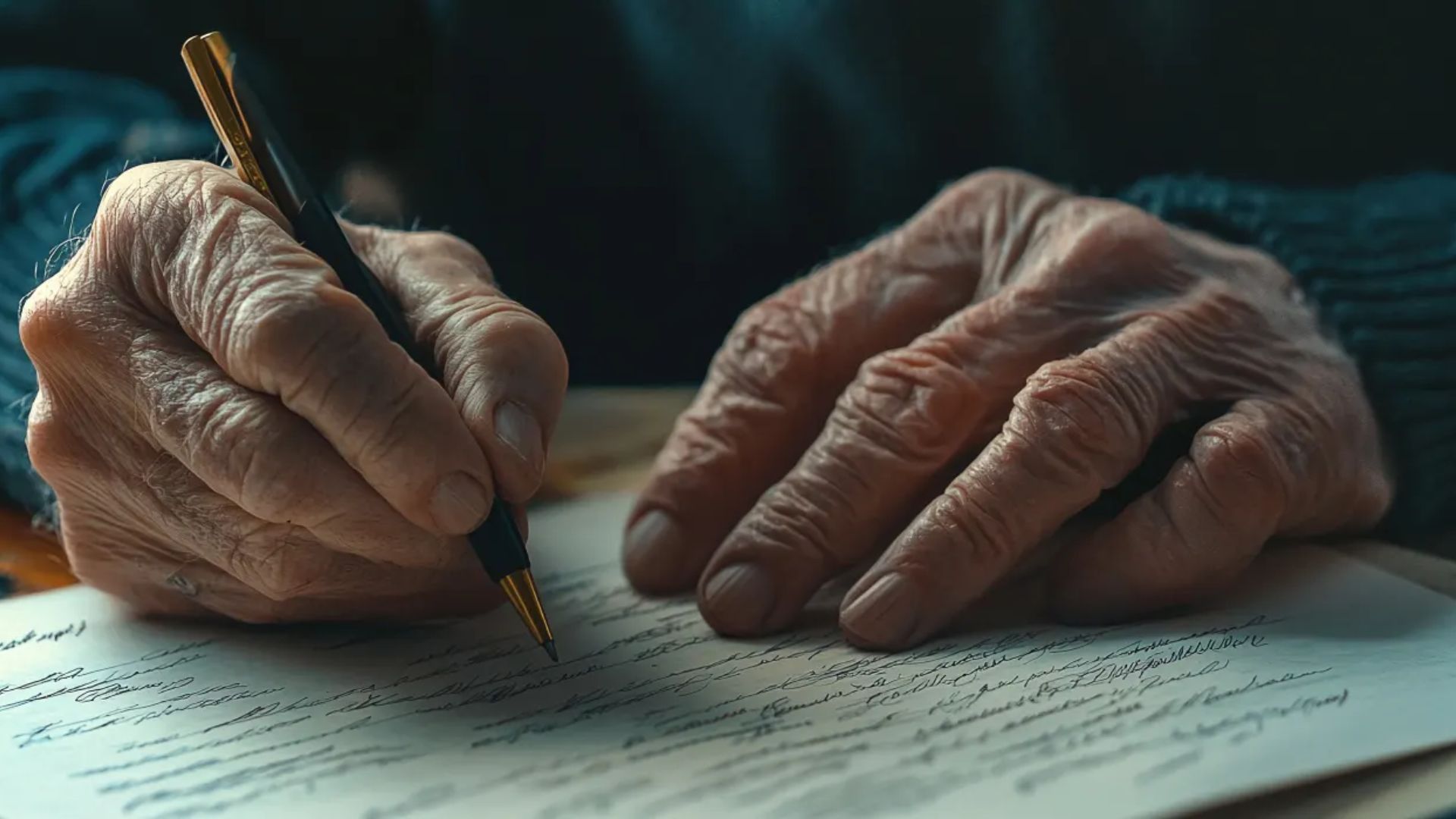 Close-up of elderly person's wrinkled hands writing with black and gold pen on handwritten paper document.