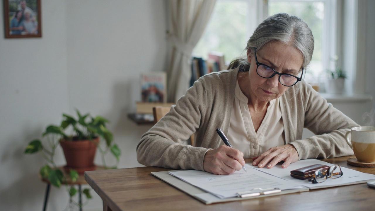 Older adult sitting at home desk signing a power of attorney revocation form without any legal help.