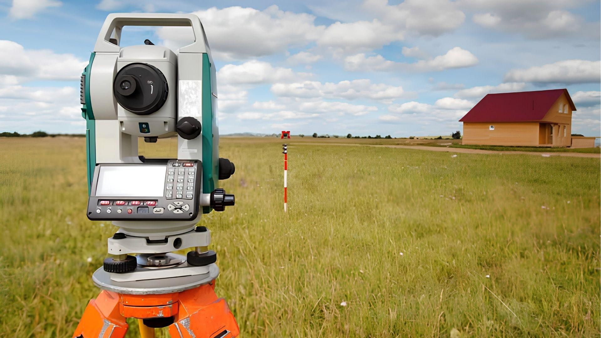 Total station surveying open land near a house for property mapping.